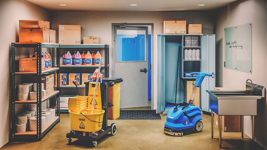 Organized janitorial closet with cleaning supplies and equipment